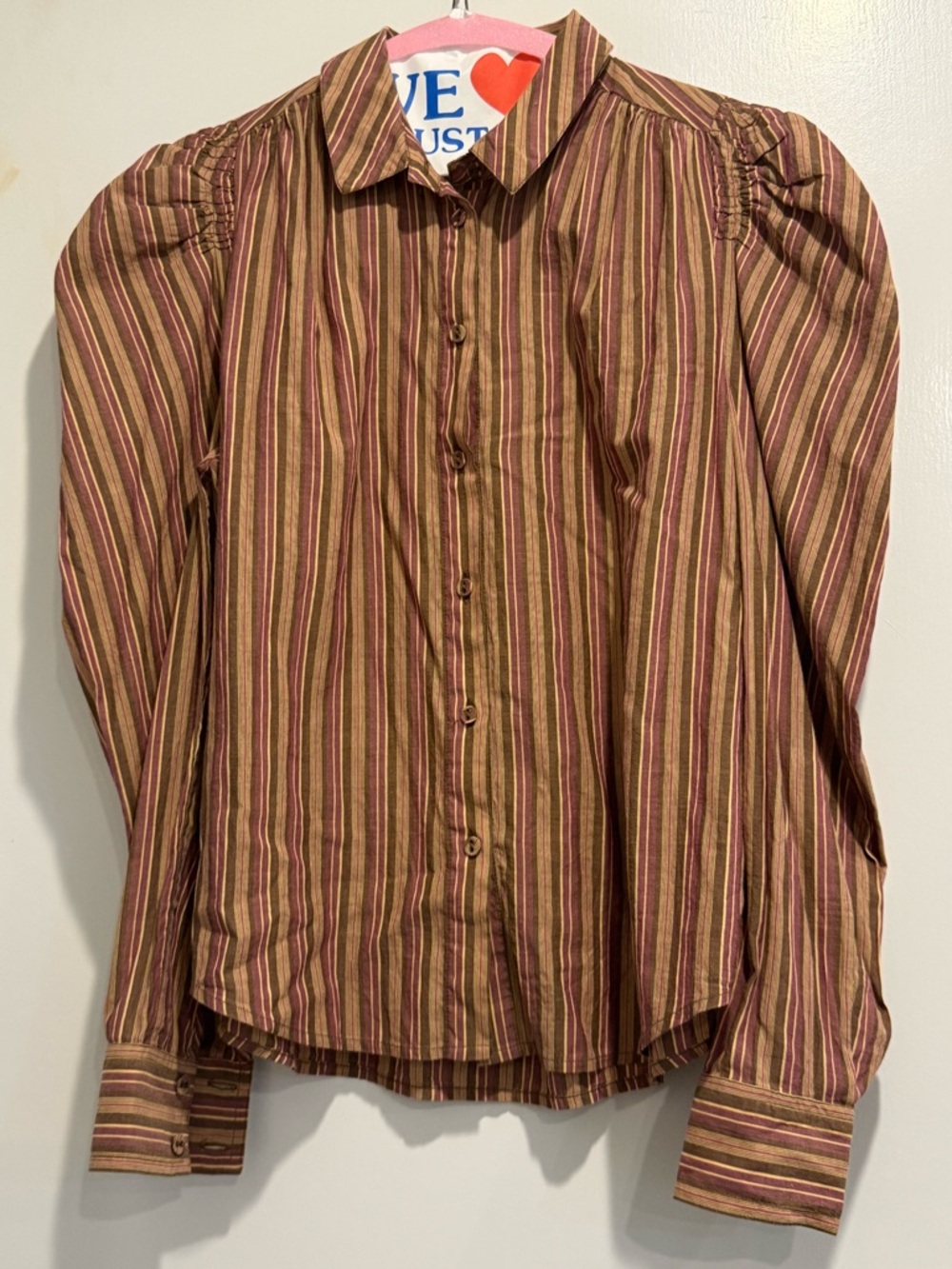 Ulla Johnson Striped Long-Sleeve Button-Up Blouse in Brown and Pink